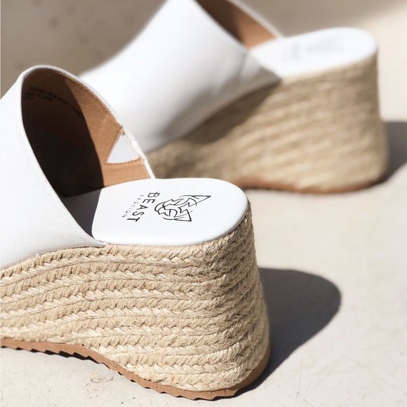 NEW White Smooth Faux Leather Espadrilles Chunky Platform Wedge Slides Sandals - Picture 4 of 13